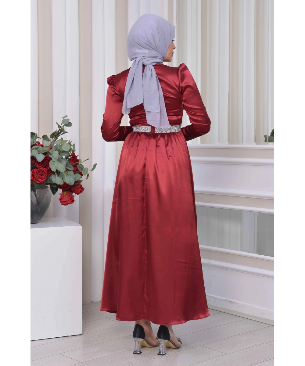 Saten Tasarım Beli Ve Boynu Taşlı Tesettür Abiye