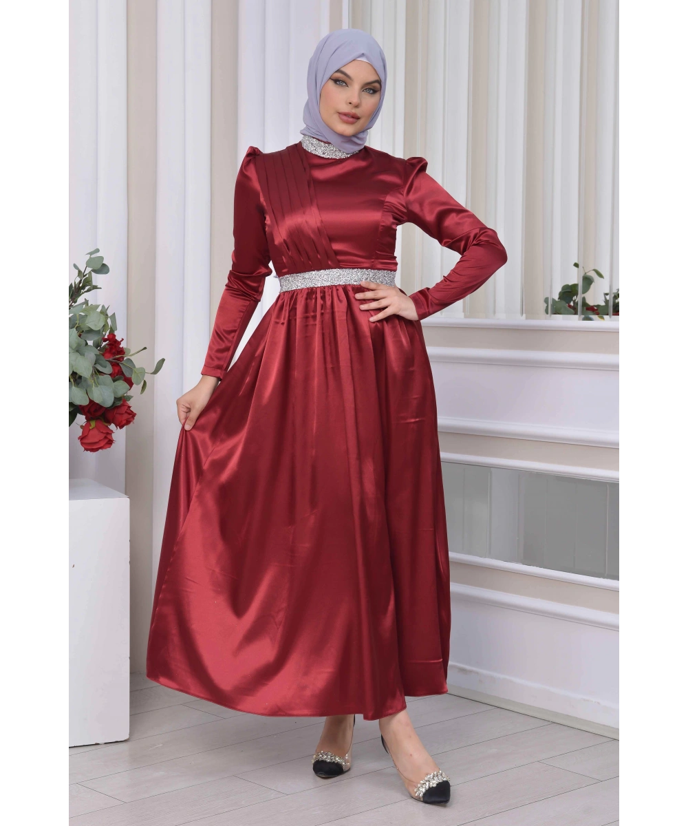 Saten Tasarım Beli Ve Boynu Taşlı Tesettür Abiye