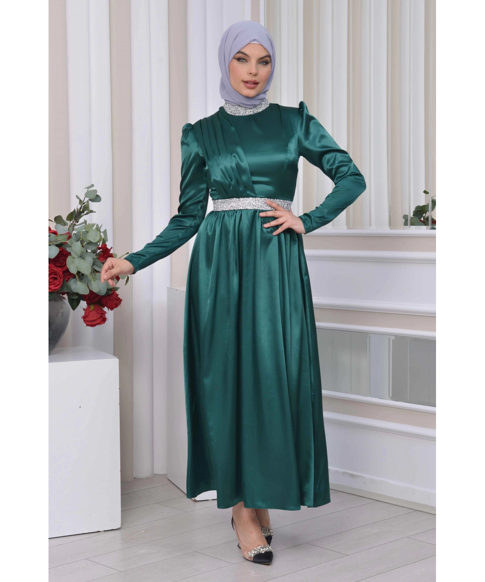 Saten Tasarım Beli Ve Boynu Taşlı Tesettür Abiye