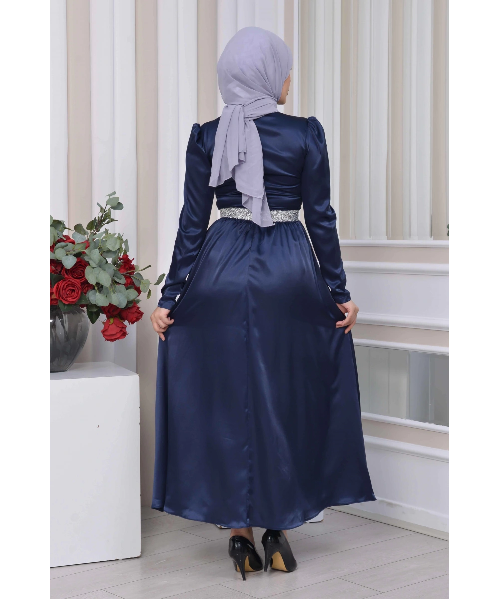 Saten Tasarım Beli Ve Boynu Taşlı Tesettür Abiye