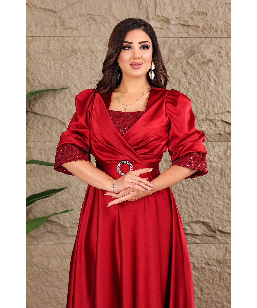 Saten Tasarım İncili Payet Aksesuarlı Uzun Elbise Abiye