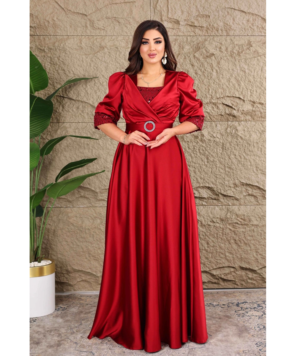 Saten Tasarım İncili Payet Aksesuarlı Uzun Elbise Abiye