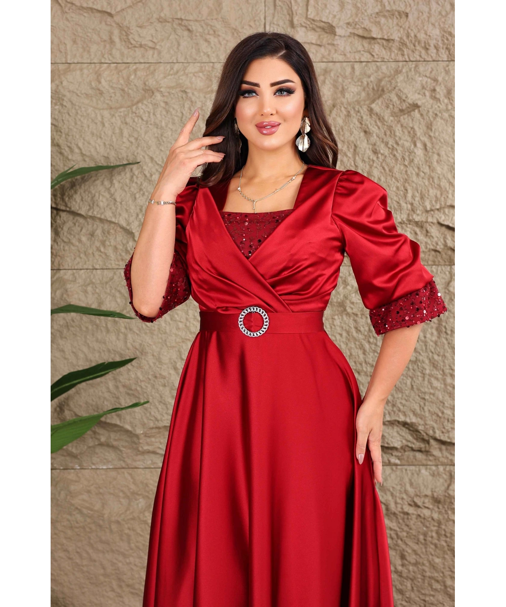 Saten Tasarım İncili Payet Aksesuarlı Uzun Elbise Abiye