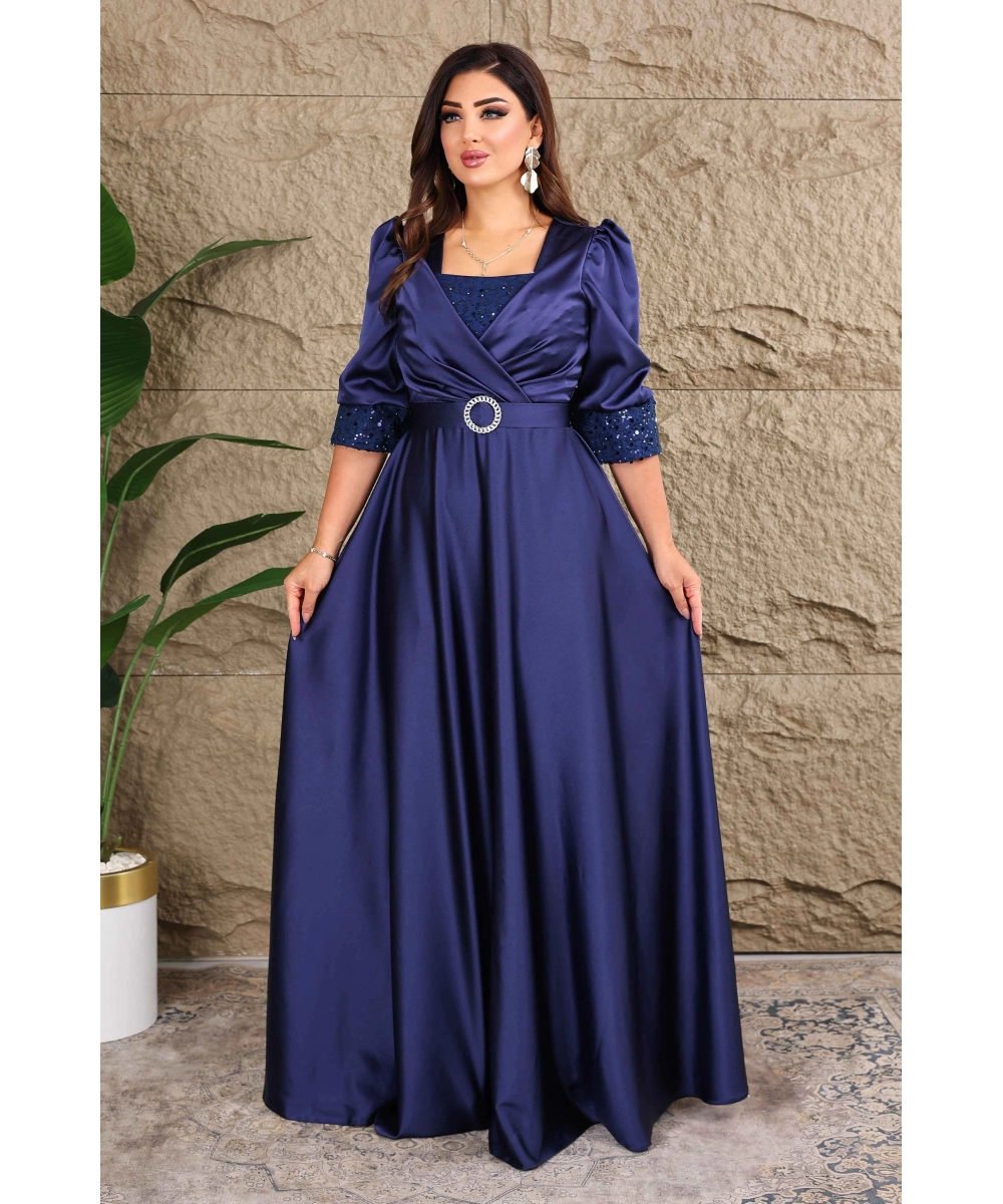 Saten Tasarım İncili Payet Aksesuarlı Uzun Elbise Abiye