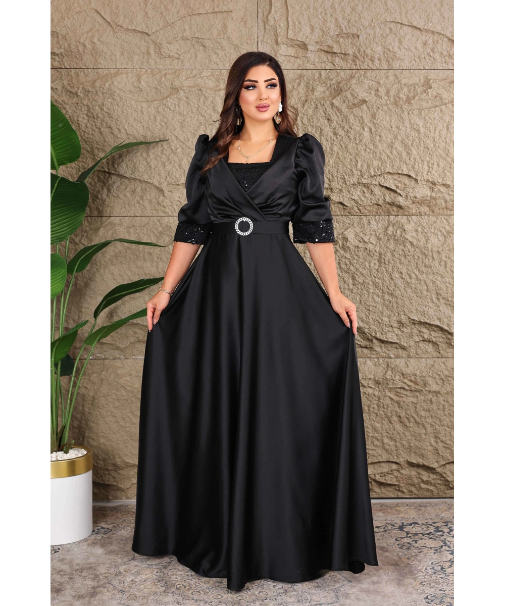 Saten Tasarım İncili Payet Aksesuarlı Uzun Elbise Abiye