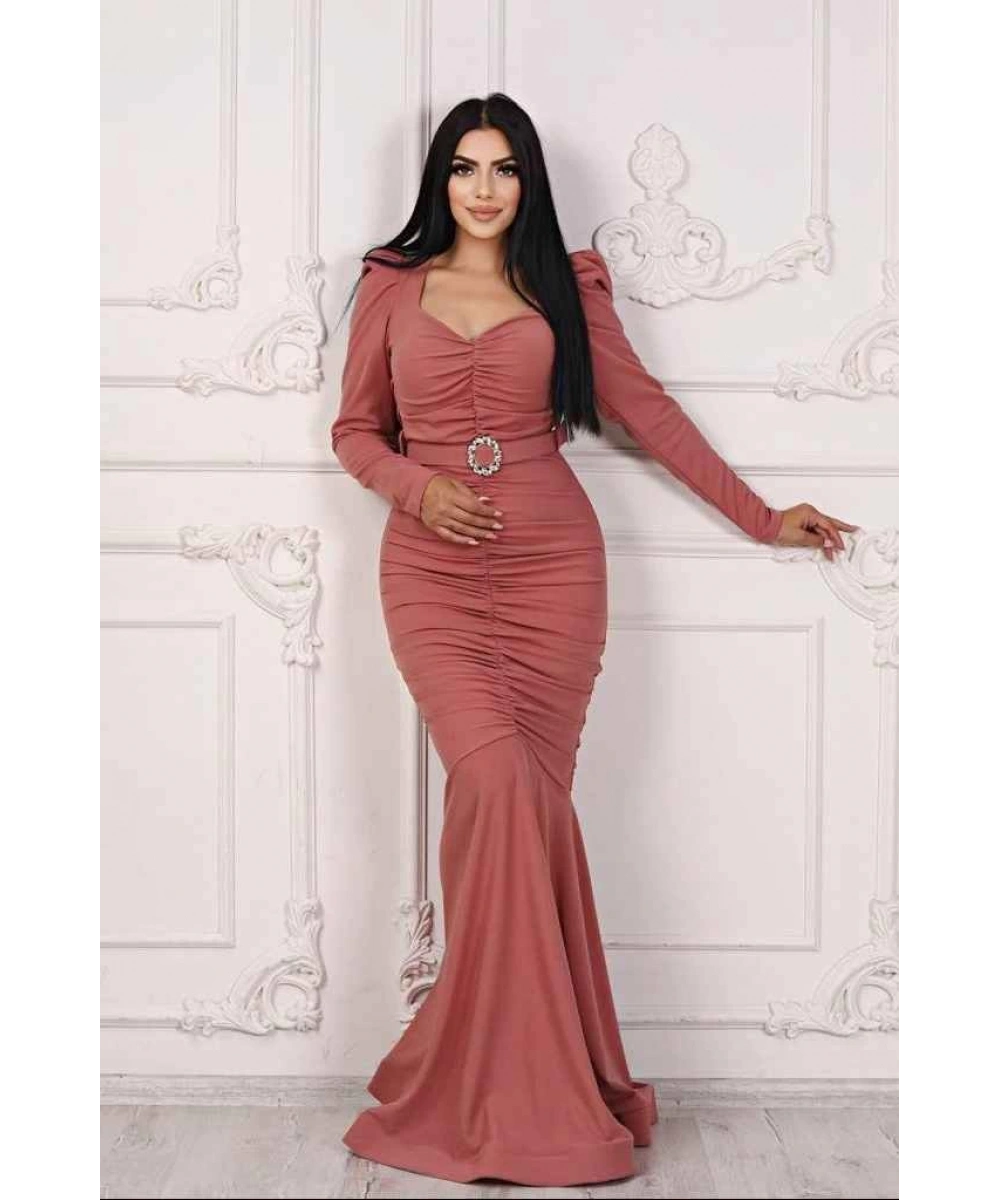 Scuba Krep Tasarım Pileli Dekolteli Balık Uzun Şık Elbise Abiye