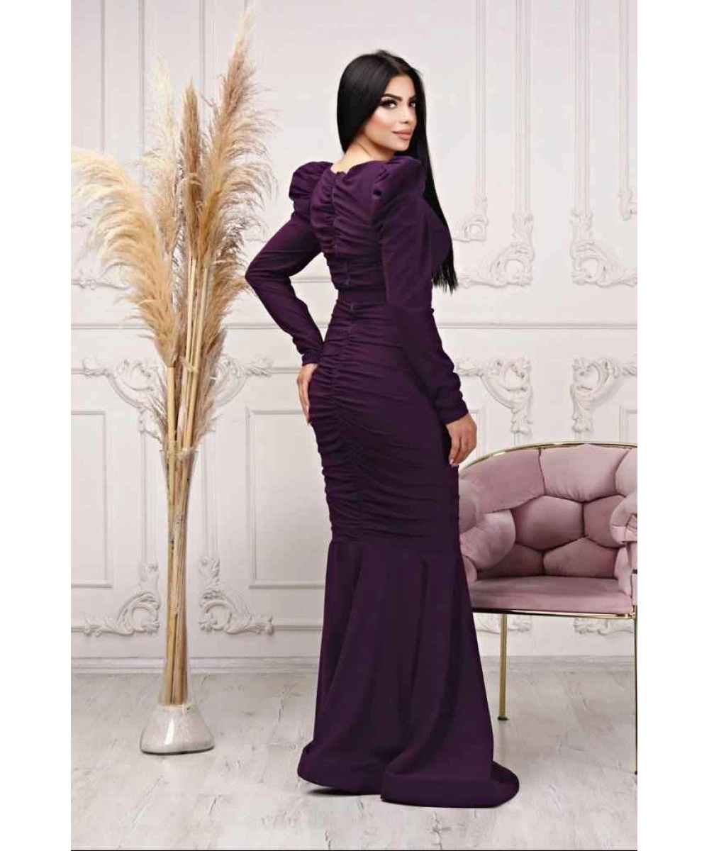 Scuba Krep Tasarım Pileli Dekolteli Balık Uzun Şık Elbise Abiye