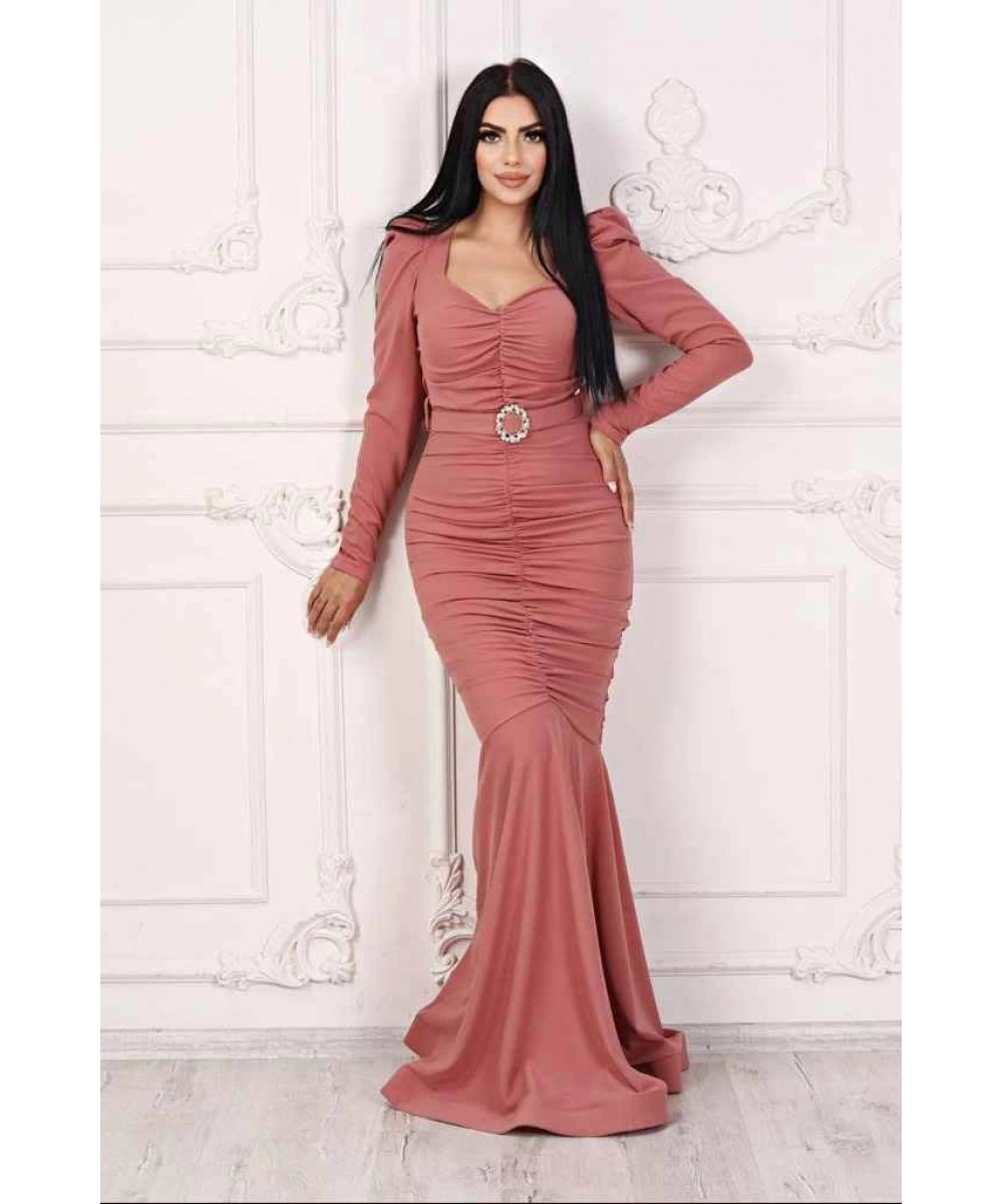 Scuba Krep Tasarım Pileli Dekolteli Balık Uzun Şık Elbise Abiye