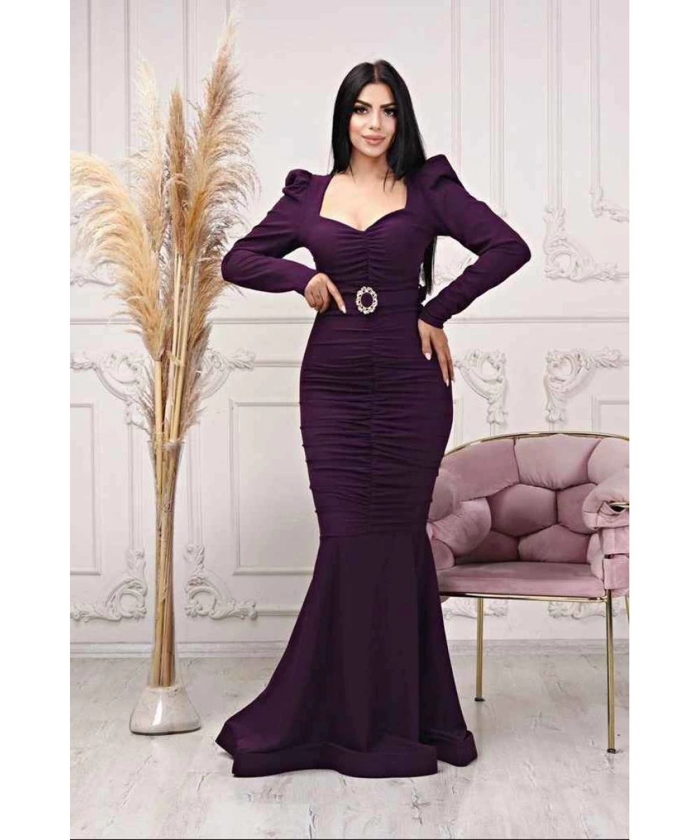 Scuba Krep Tasarım Pileli Dekolteli Balık Uzun Şık Elbise Abiye