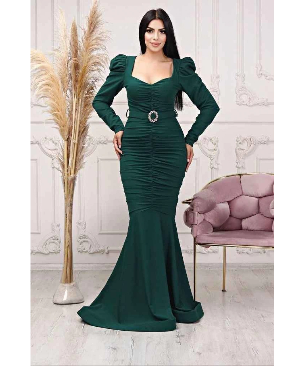 Scuba Krep Tasarım Pileli Dekolteli Balık Uzun Şık Elbise Abiye