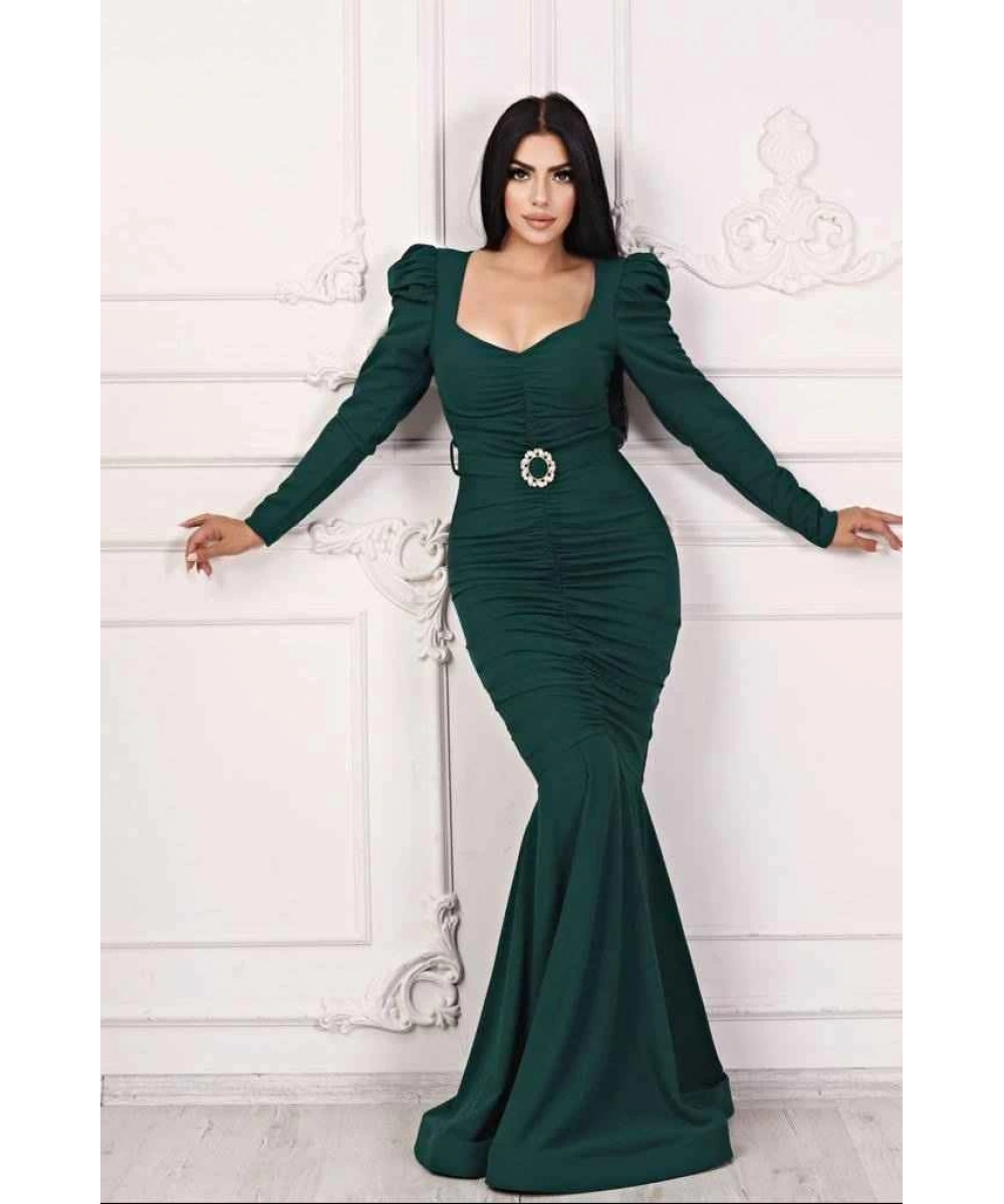 Scuba Krep Tasarım Pileli Dekolteli Balık Uzun Şık Elbise Abiye