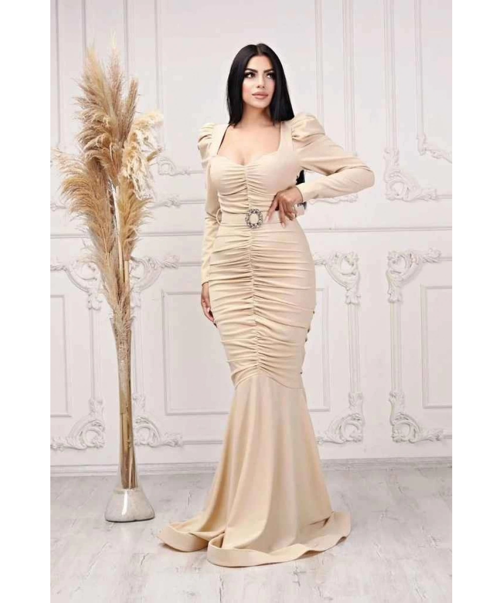 Scuba Krep Tasarım Pileli Dekolteli Balık Uzun Şık Elbise Abiye