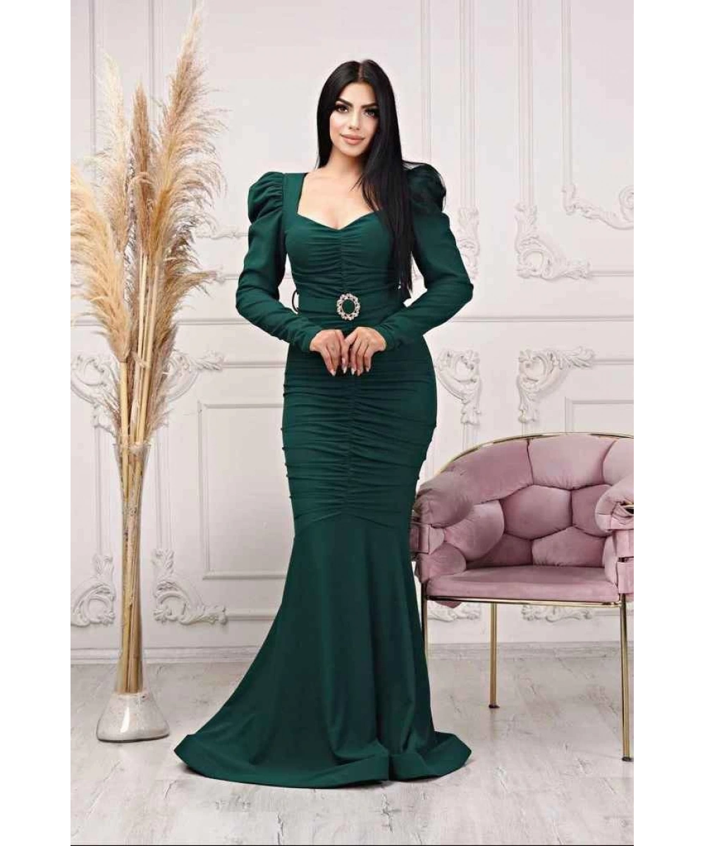 Scuba Krep Tasarım Pileli Dekolteli Balık Uzun Şık Elbise Abiye