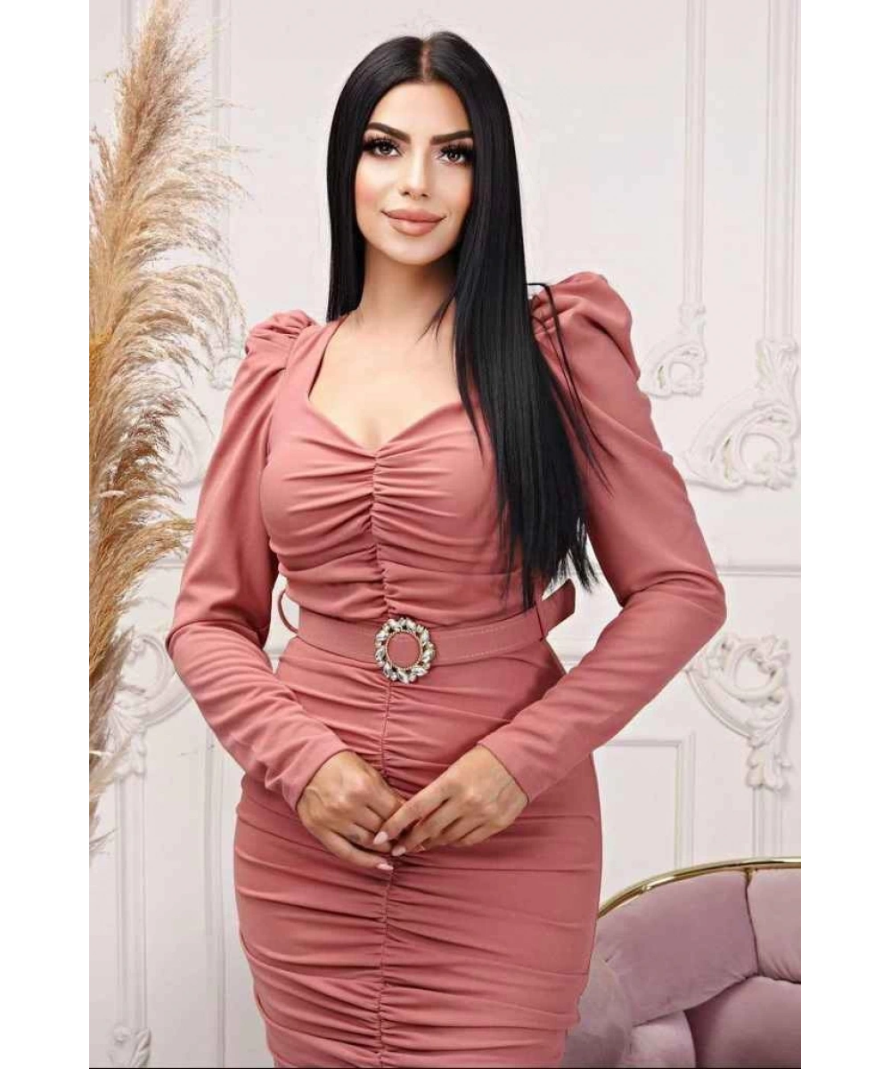 Scuba Krep Tasarım Pileli Dekolteli Balık Uzun Şık Elbise Abiye