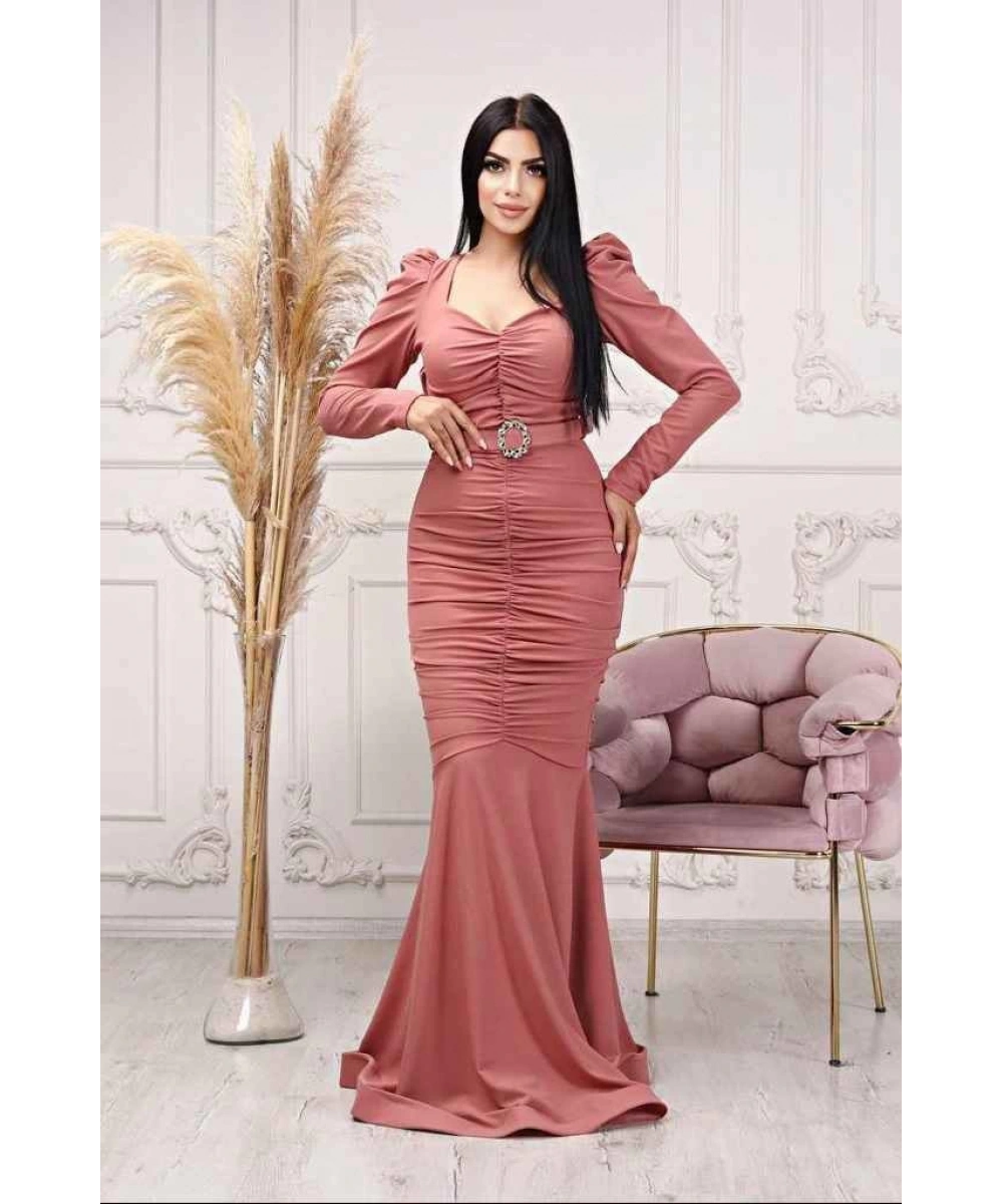 Scuba Krep Tasarım Pileli Dekolteli Balık Uzun Şık Elbise Abiye