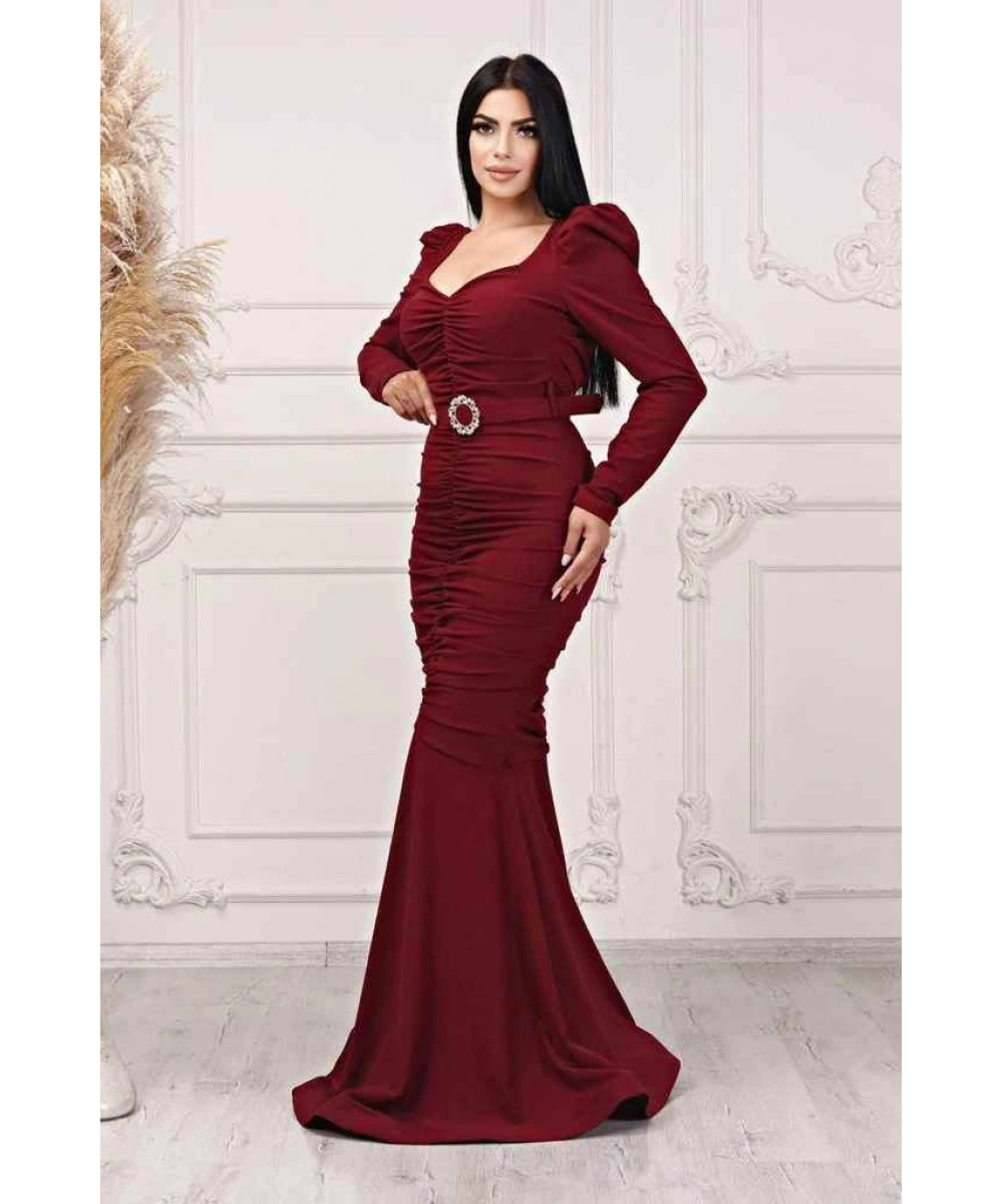 Scuba Krep Tasarım Pileli Dekolteli Balık Uzun Şık Elbise Abiye