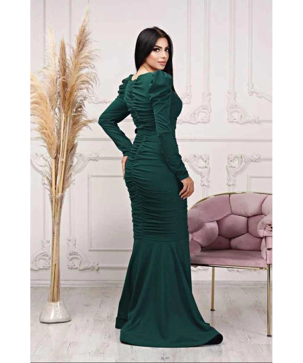 Scuba Krep Tasarım Pileli Dekolteli Balık Uzun Şık Elbise Abiye