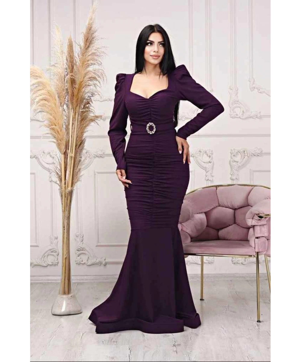 Scuba Krep Tasarım Pileli Dekolteli Balık Uzun Şık Elbise Abiye