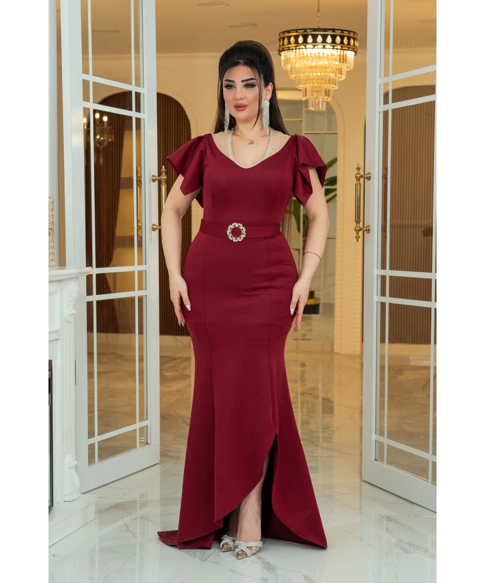 Scuba Tasarım Dekolteli Yırtmaçlı Elbise Abiye