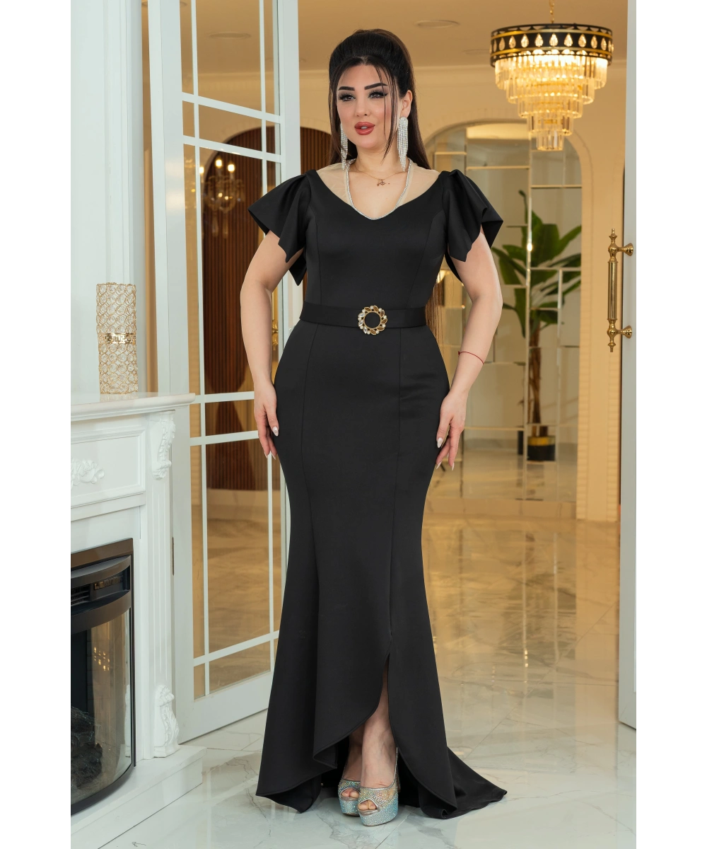 Scuba Tasarım Dekolteli Yırtmaçlı Elbise Abiye