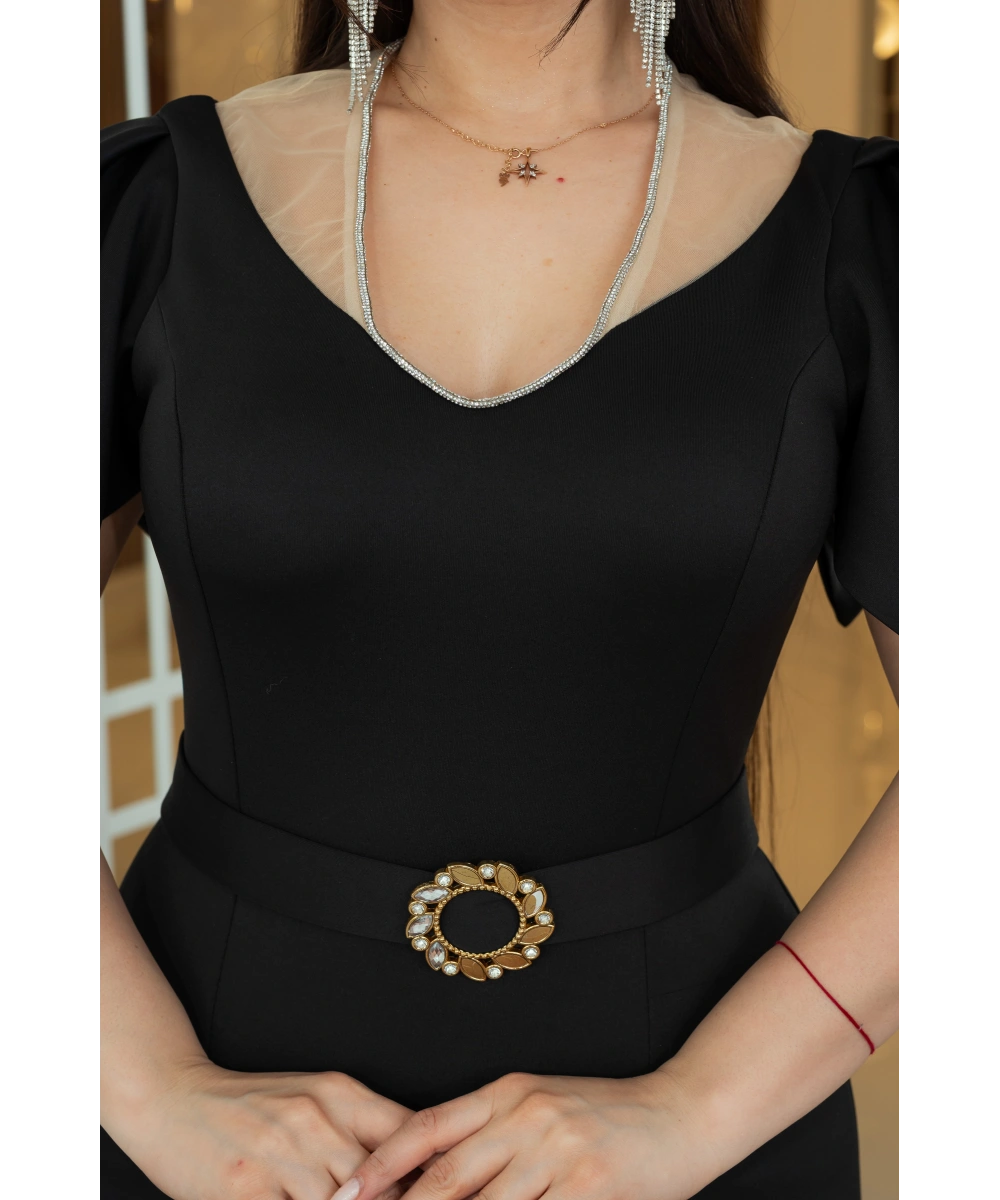 Scuba Tasarım Dekolteli Yırtmaçlı Elbise Abiye