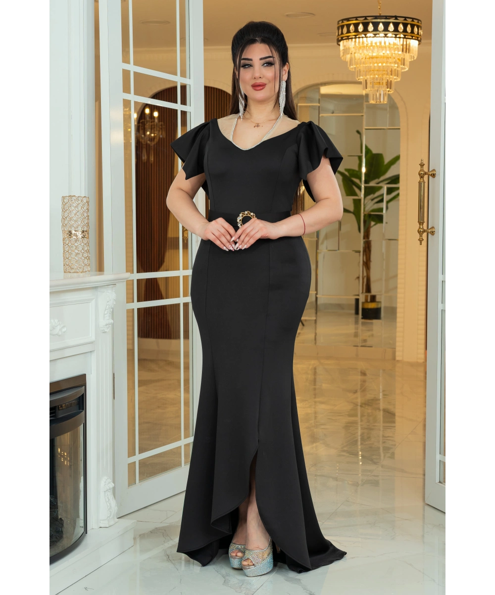 Scuba Tasarım Dekolteli Yırtmaçlı Elbise Abiye