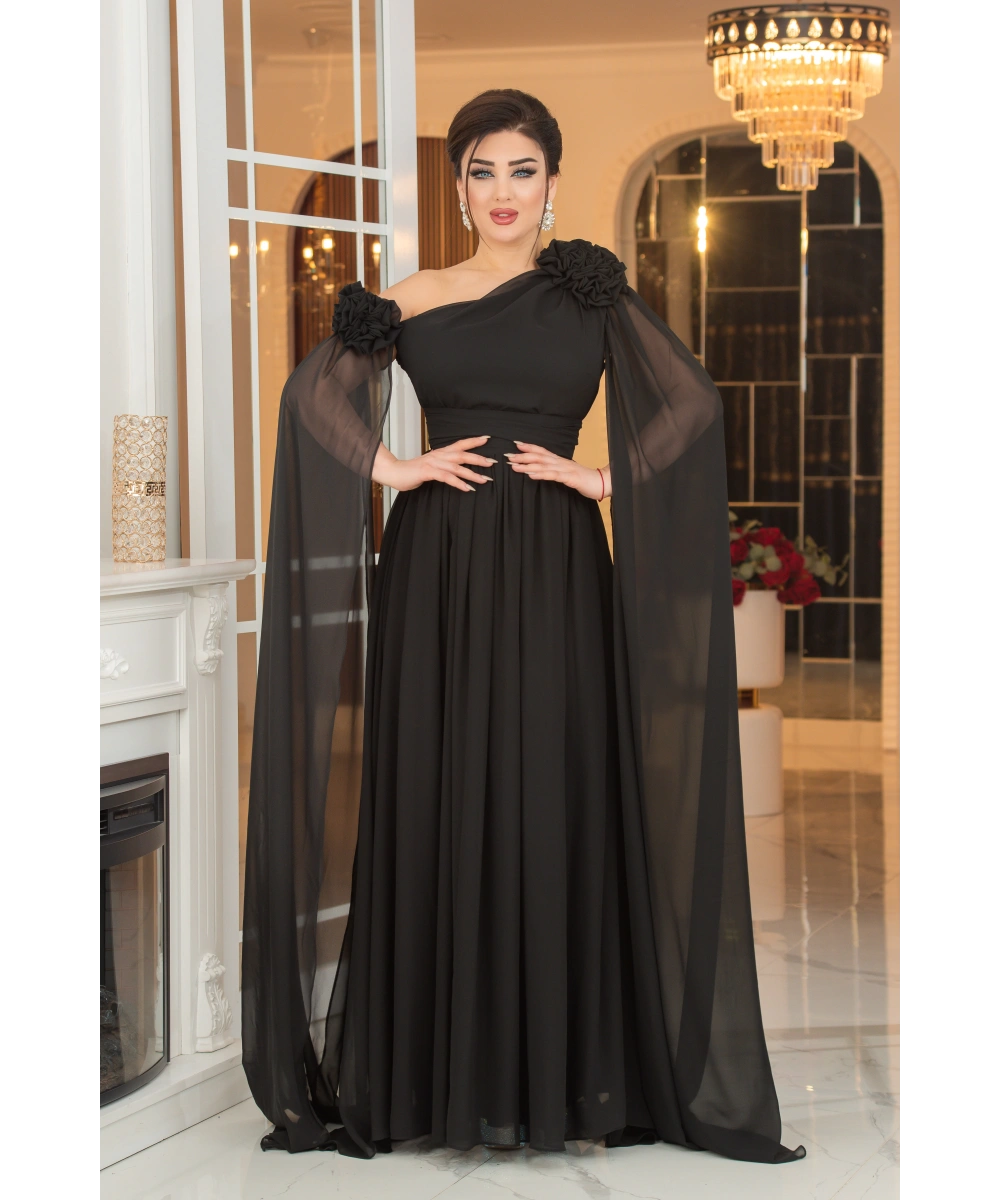 Şifon Tasarım Gül Aksesuarlı Kolları Pelerinli Uzun Elbise Abiye