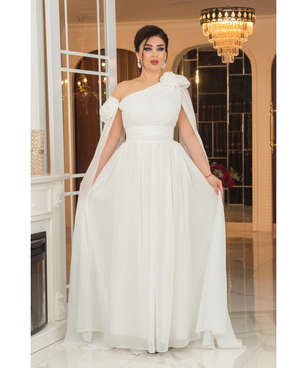 Şifon Tasarım Gül Aksesuarlı Kolları Pelerinli Uzun Elbise Abiye