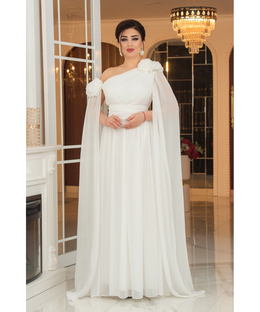 Şifon Tasarım Gül Aksesuarlı Kolları Pelerinli Uzun Elbise Abiye