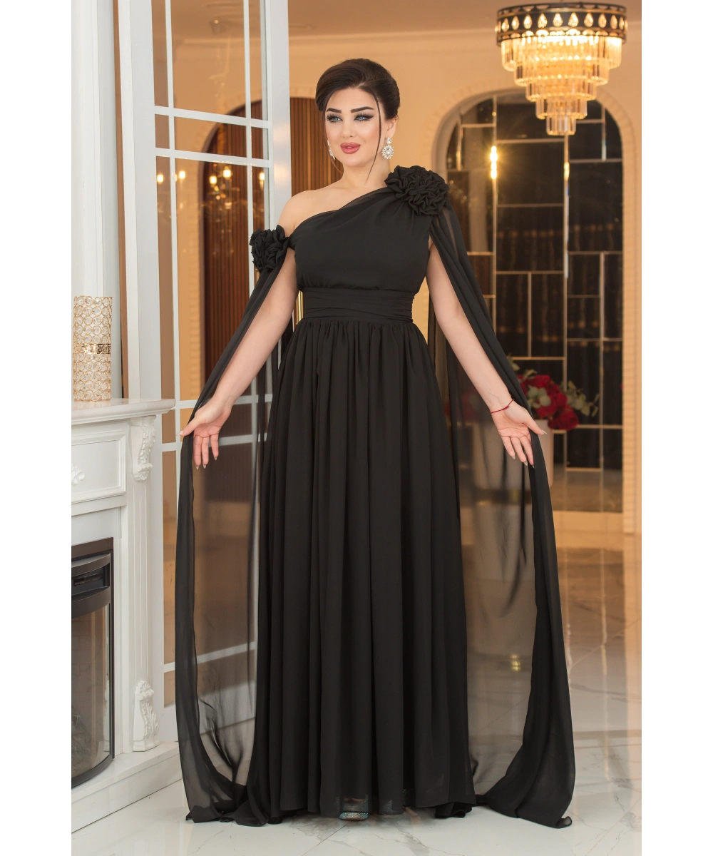 Şifon Tasarım Gül Aksesuarlı Kolları Pelerinli Uzun Elbise Abiye