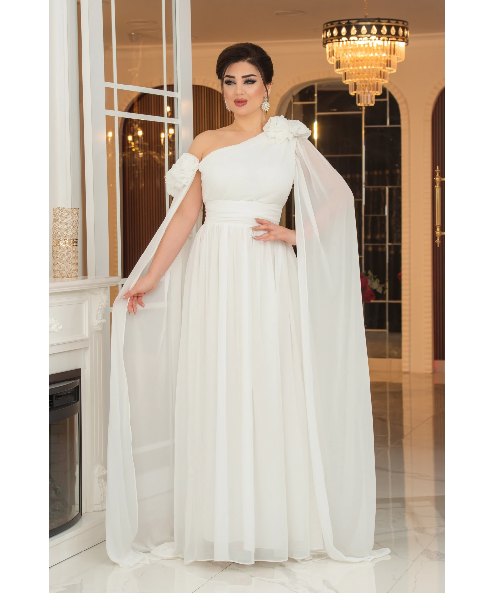 Şifon Tasarım Gül Aksesuarlı Kolları Pelerinli Uzun Elbise Abiye