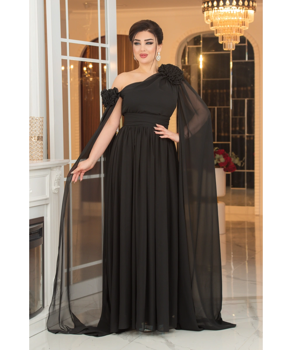 Şifon Tasarım Gül Aksesuarlı Kolları Pelerinli Uzun Elbise Abiye