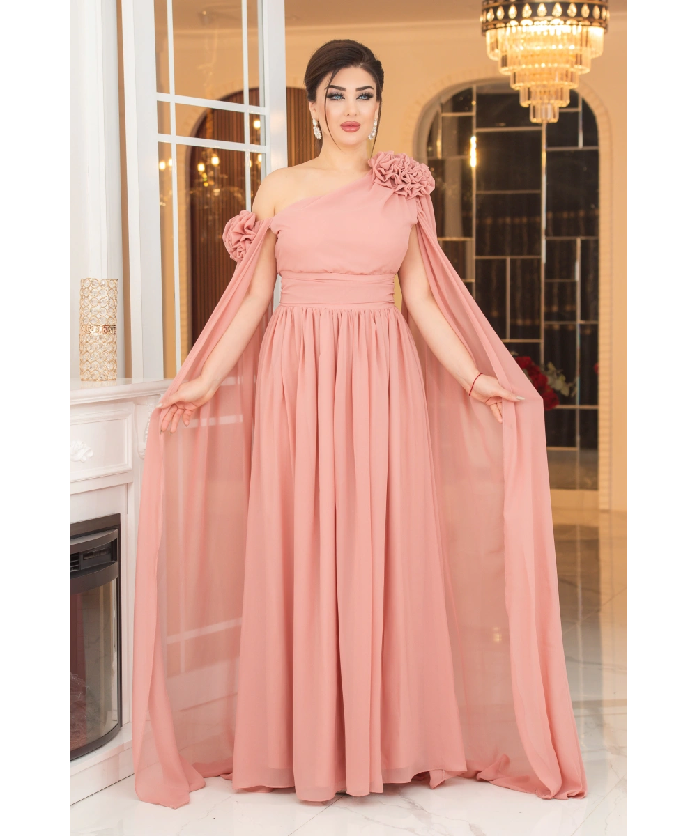 Şifon Tasarım Gül Aksesuarlı Kolları Pelerinli Uzun Elbise Abiye