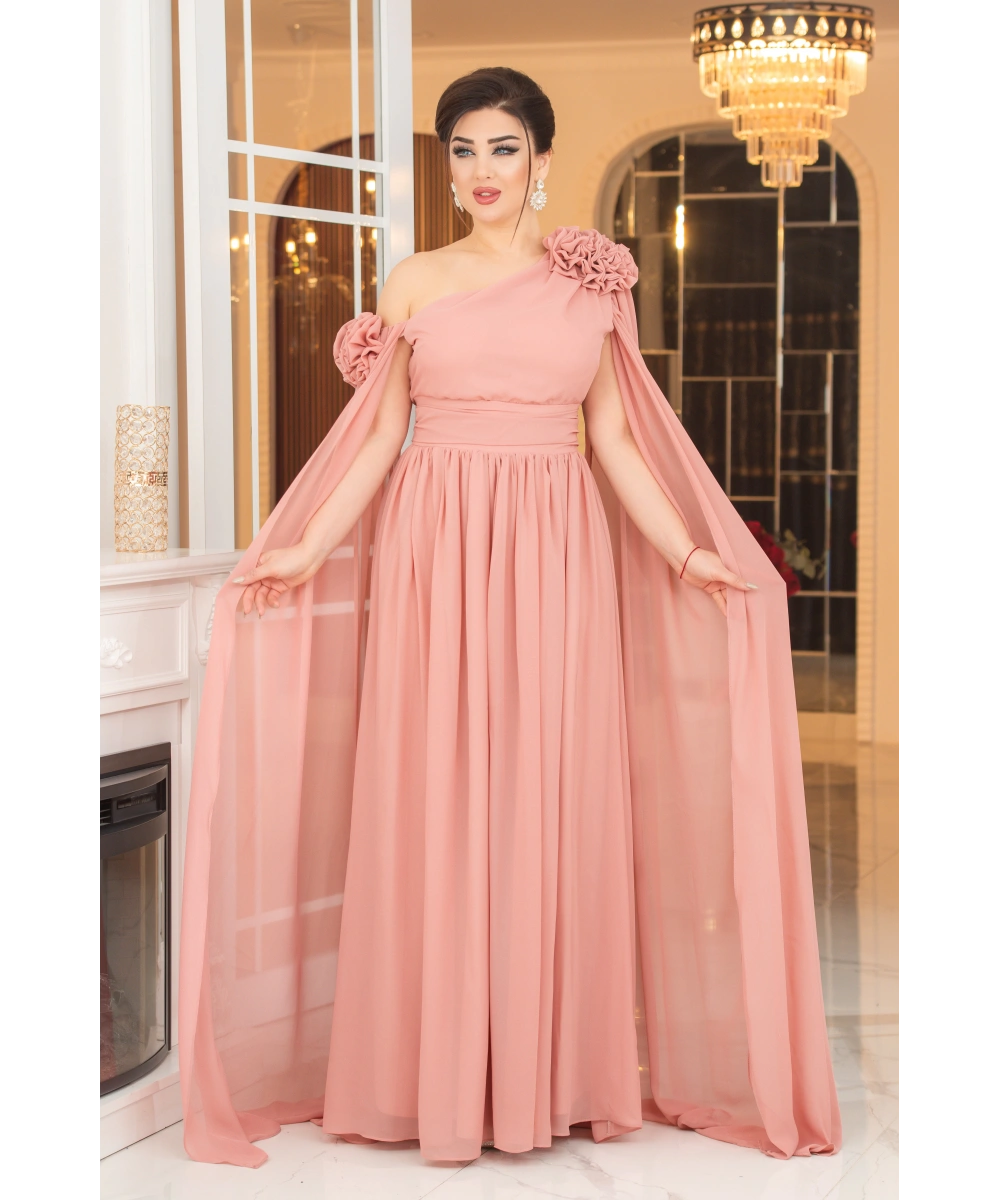 Şifon Tasarım Gül Aksesuarlı Kolları Pelerinli Uzun Elbise Abiye