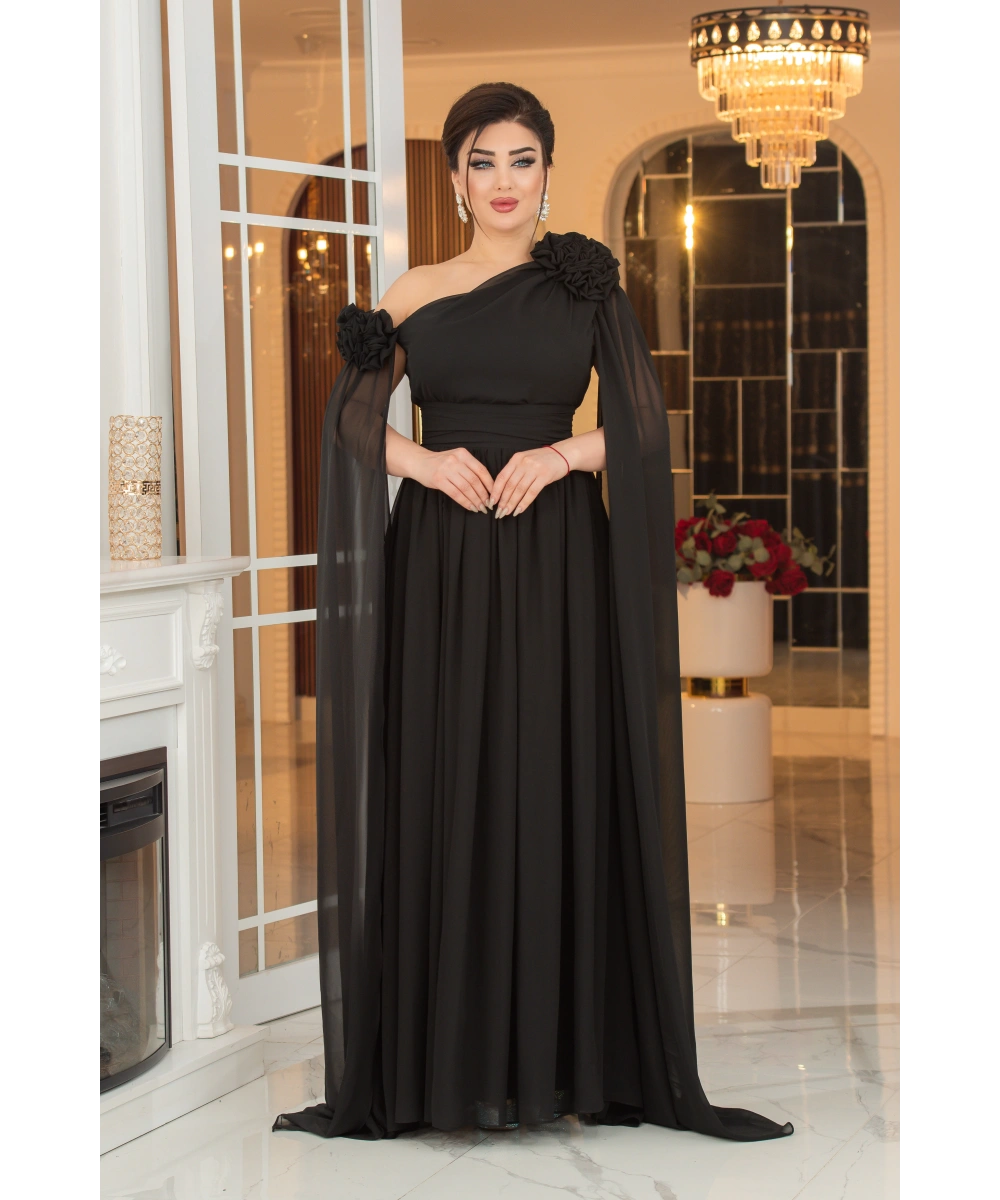 Şifon Tasarım Gül Aksesuarlı Kolları Pelerinli Uzun Elbise Abiye