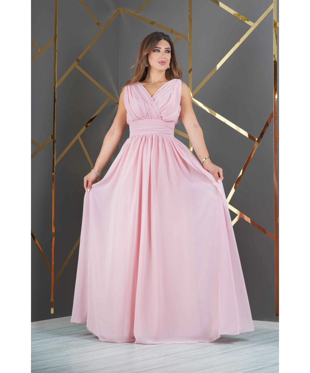 Şifon Tasarım Kolsuz V Dekolteli Uzun Elbise Abiye