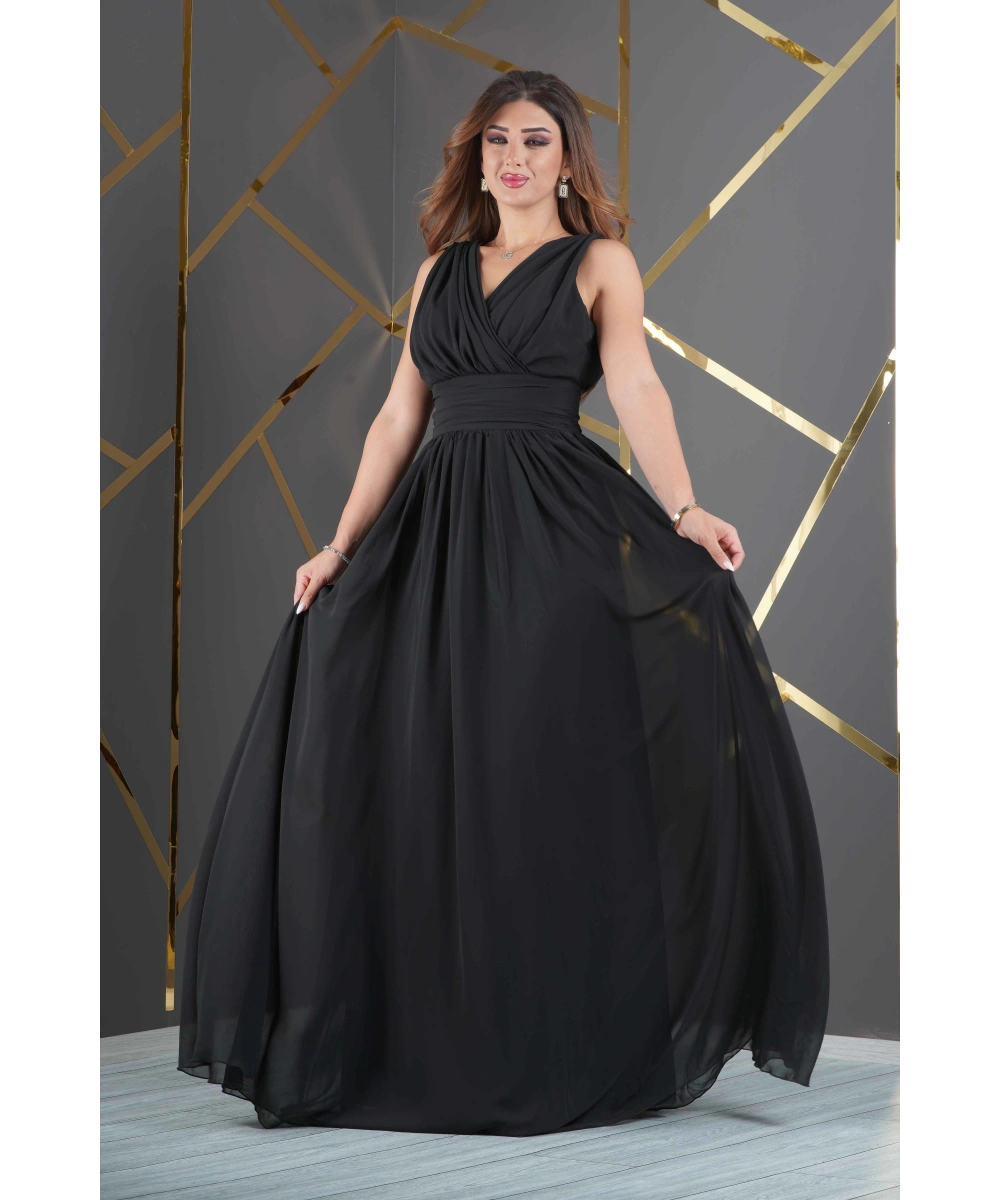 Şifon Tasarım Kolsuz V Dekolteli Uzun Elbise Abiye