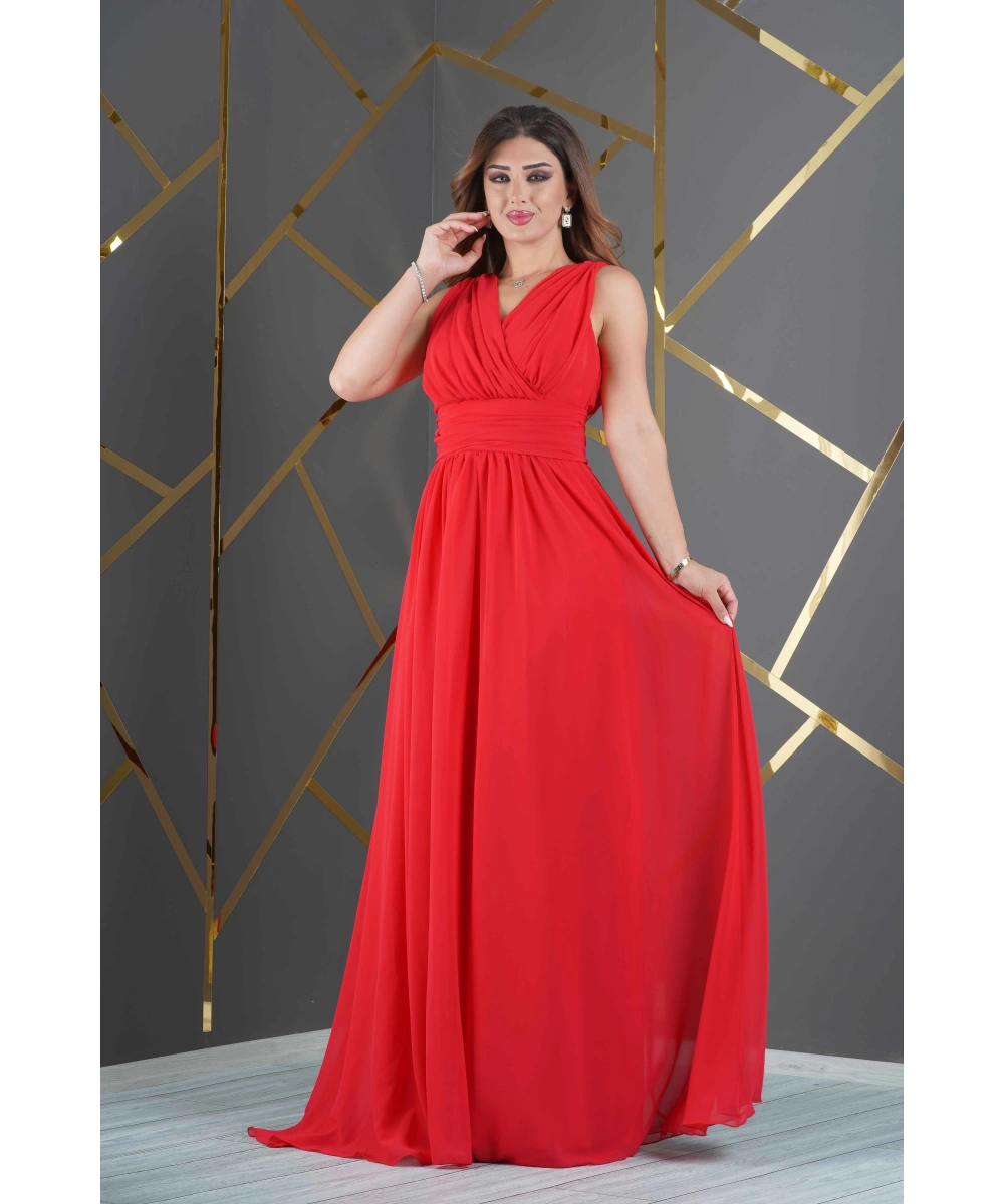 Şifon Tasarım Kolsuz V Dekolteli Uzun Elbise Abiye