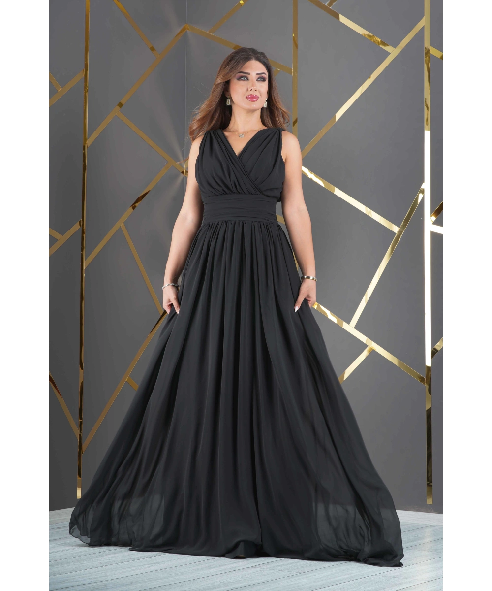 Şifon Tasarım Kolsuz V Dekolteli Uzun Elbise Abiye