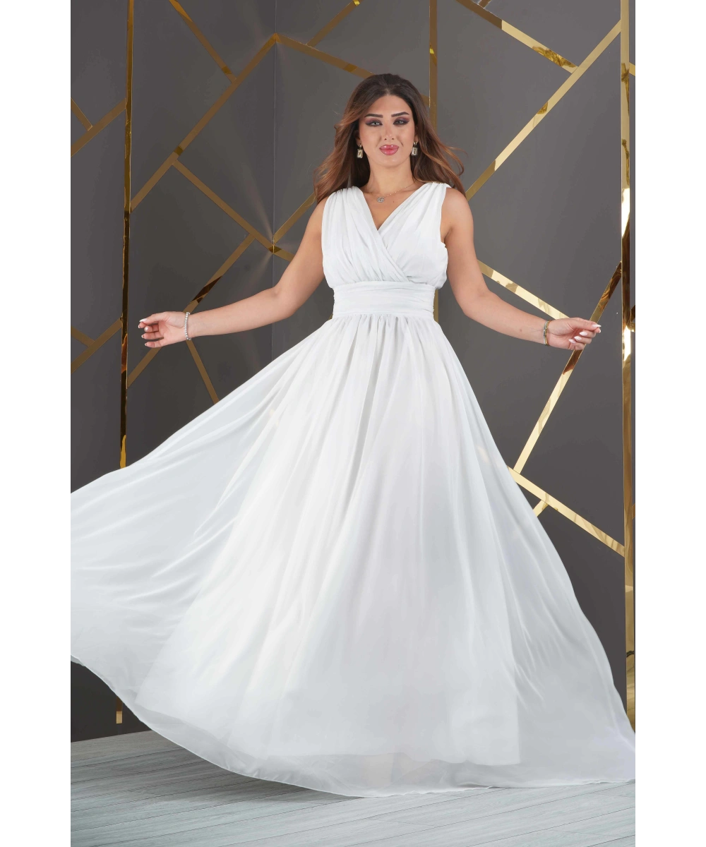 Şifon Tasarım Kolsuz V Dekolteli Uzun Elbise Abiye