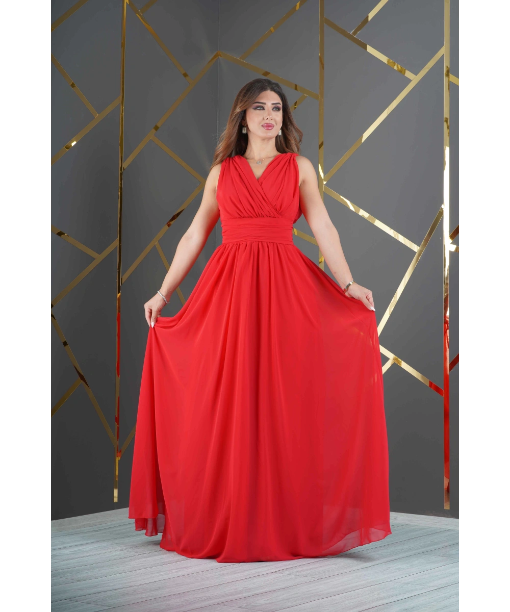 Şifon Tasarım Kolsuz V Dekolteli Uzun Elbise Abiye