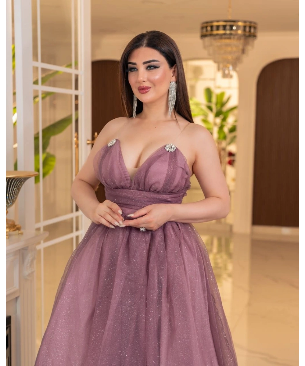 Simli Dalya V Yaka Uzun Prenses Abiye Elbise