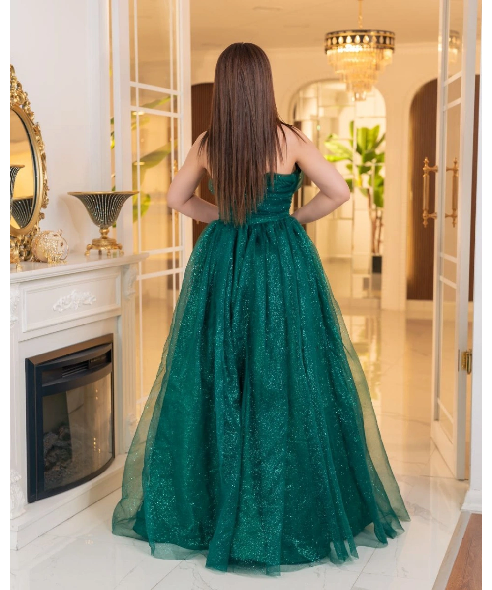 Simli Dalya V Yaka Uzun Prenses Abiye Elbise