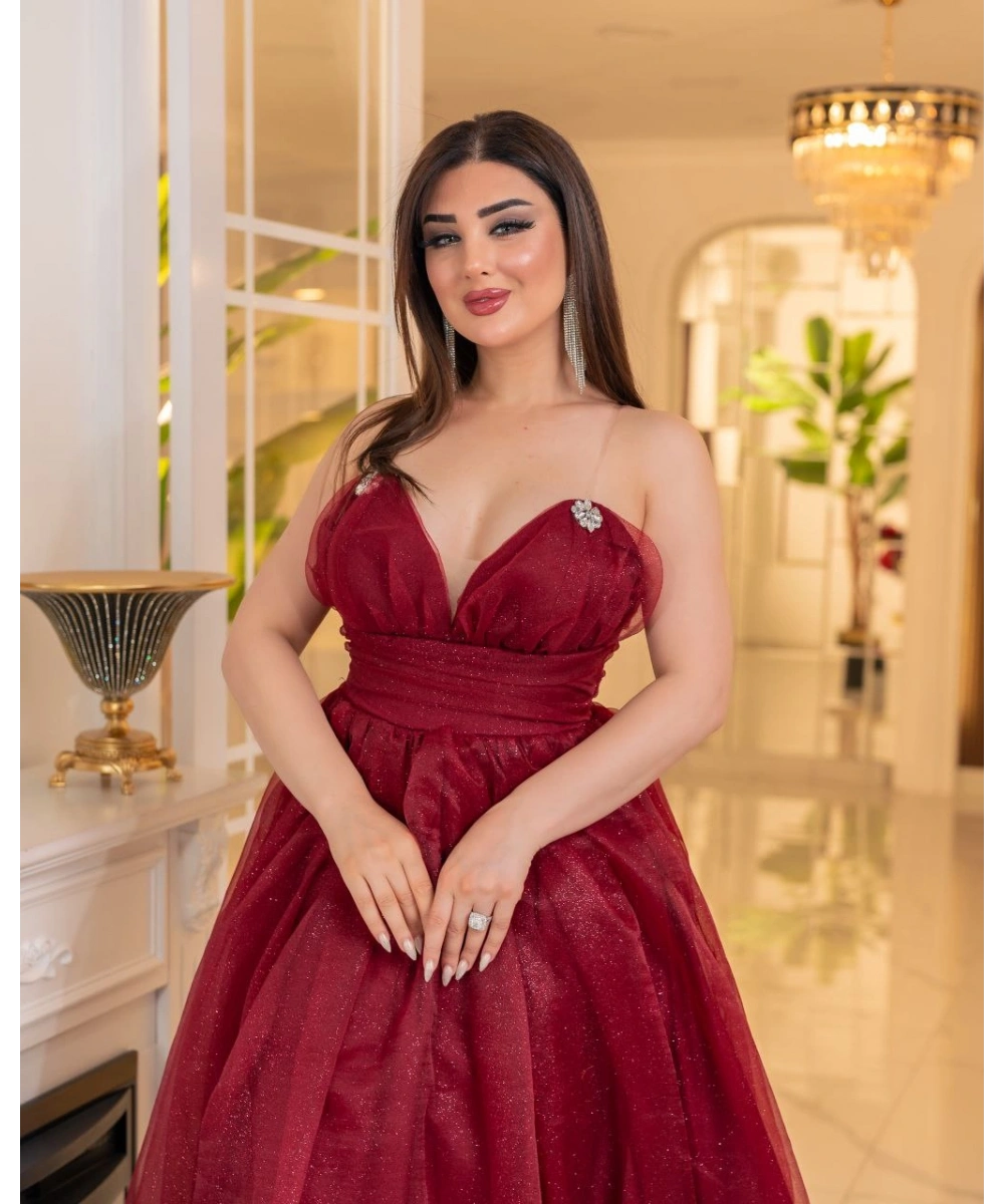 Simli Dalya V Yaka Uzun Prenses Abiye Elbise