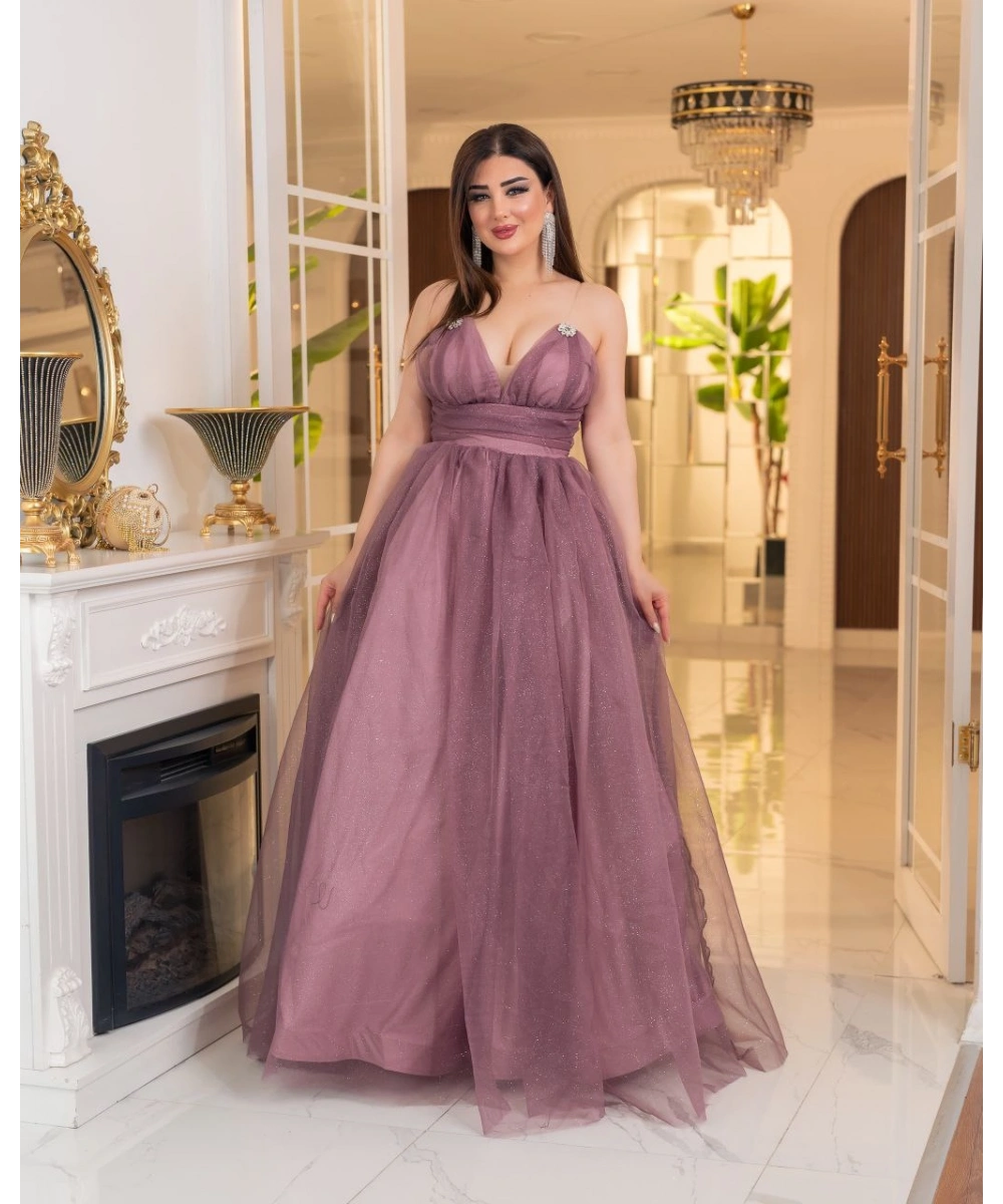 Simli Dalya V Yaka Uzun Prenses Abiye Elbise