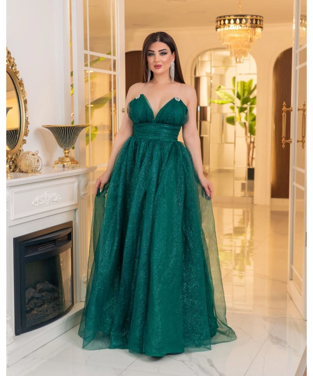 Simli Dalya V Yaka Uzun Prenses Abiye Elbise