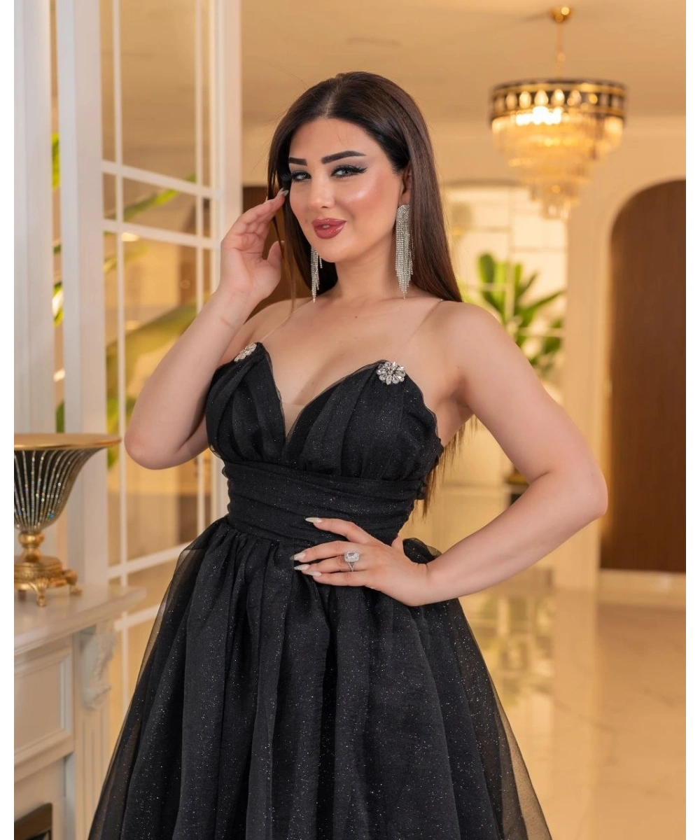 Simli Dalya V Yaka Uzun Prenses Abiye Elbise