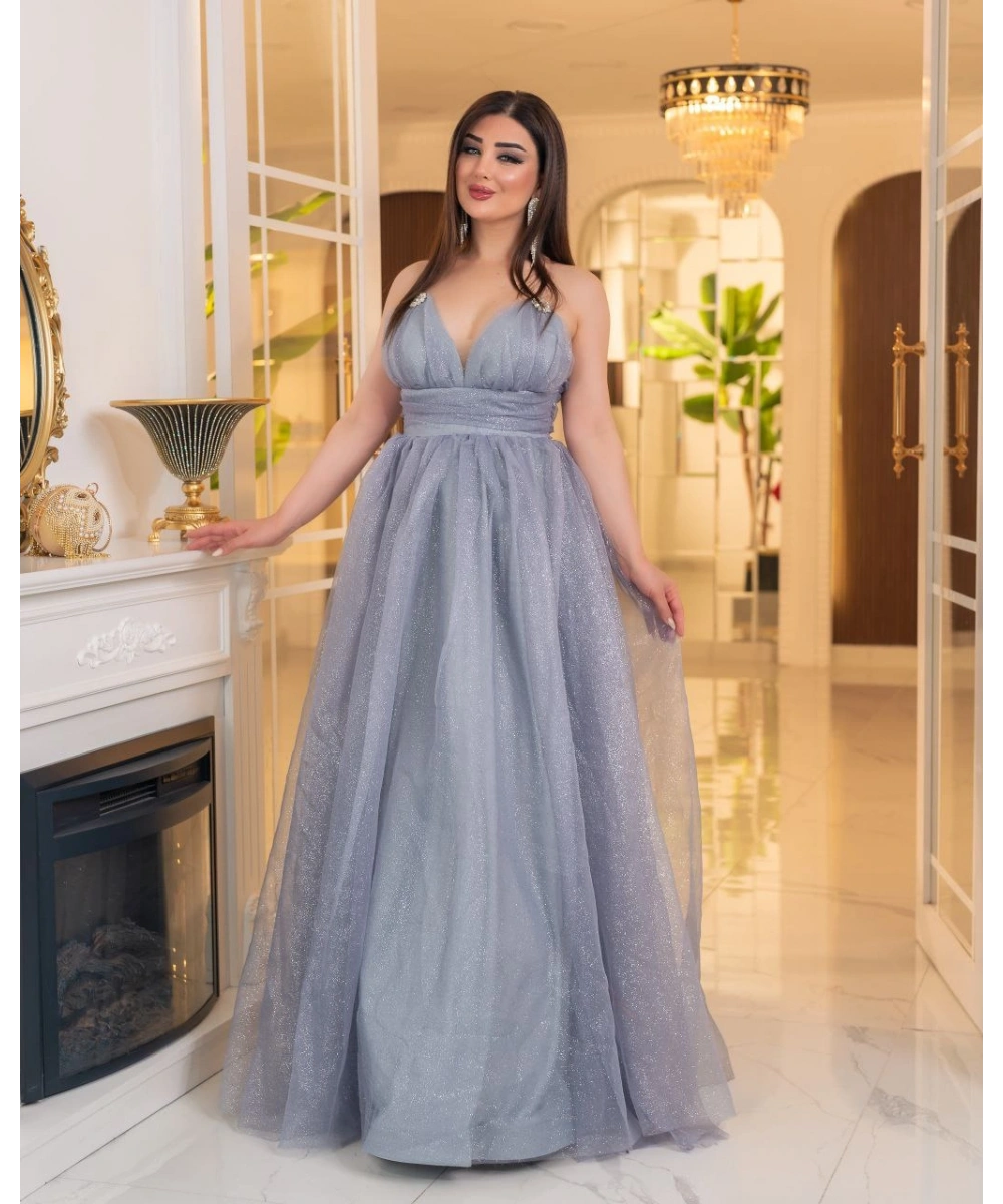 Simli Dalya V Yaka Uzun Prenses Abiye Elbise