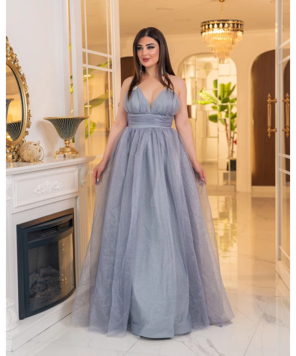 Simli Dalya V Yaka Uzun Prenses Abiye Elbise