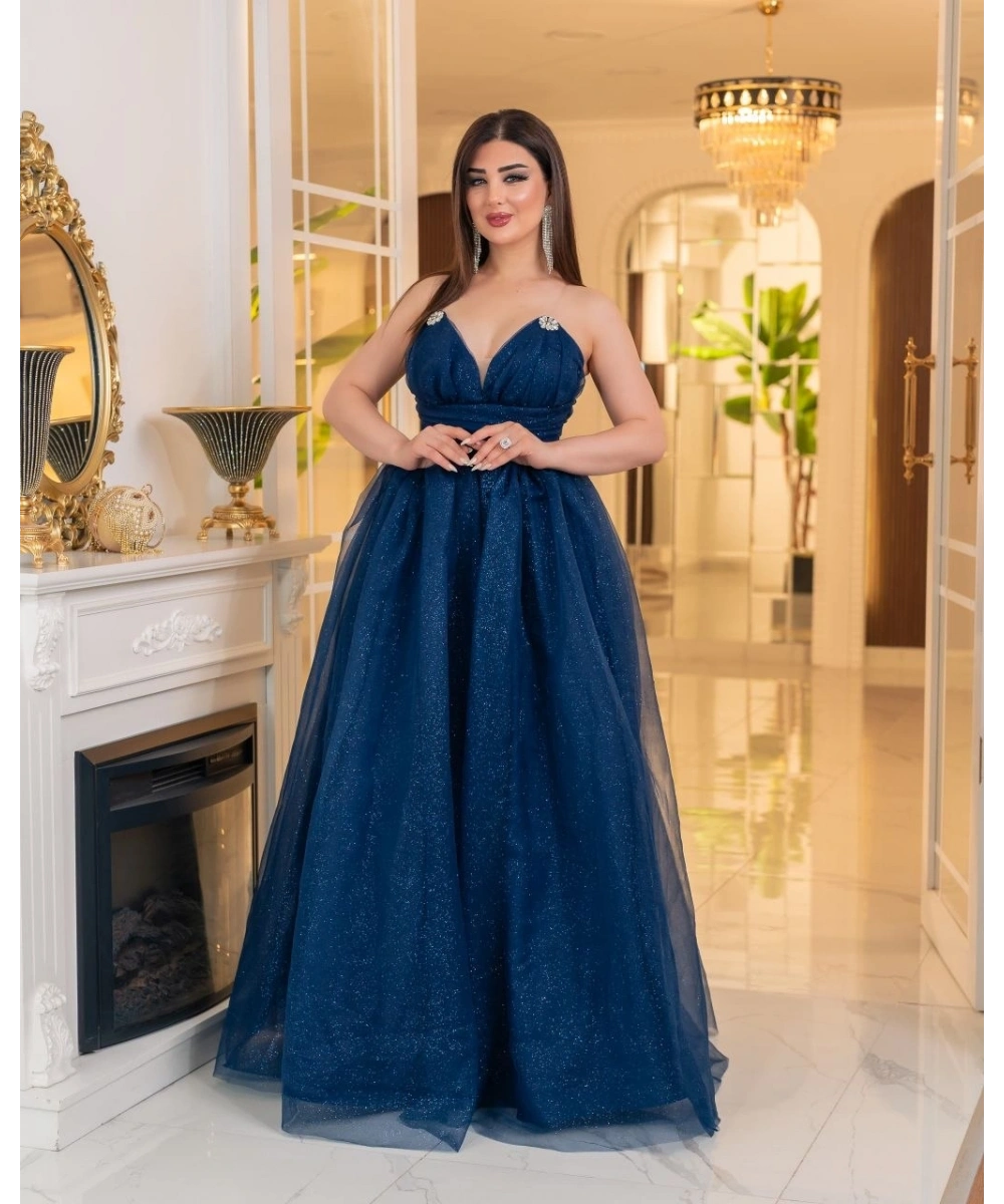 Simli Dalya V Yaka Uzun Prenses Abiye Elbise